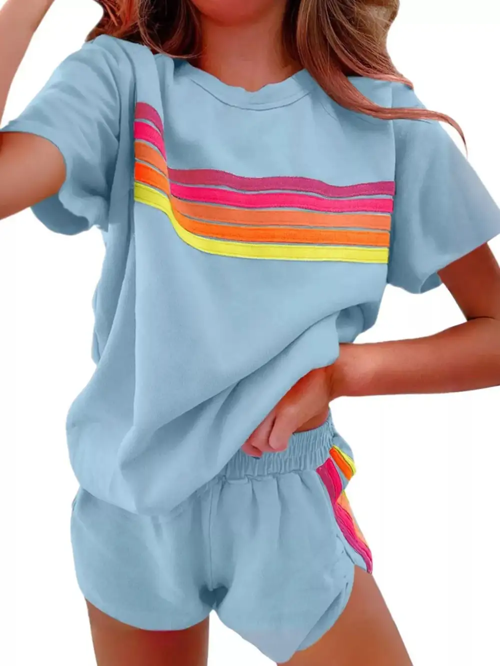 Rainbow Striped Round Neck Top and Shorts Set