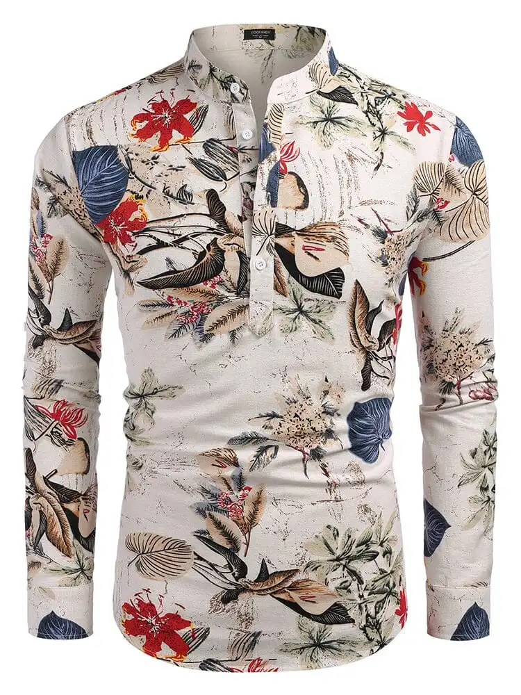 Cotton Linen Printed Henley Shirt