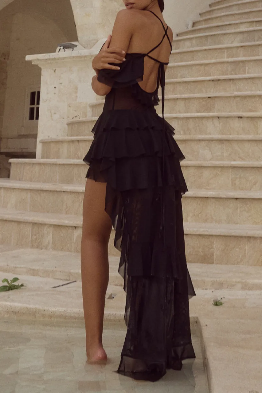 Straight Neck Asymmetric Hem Maxi Dress