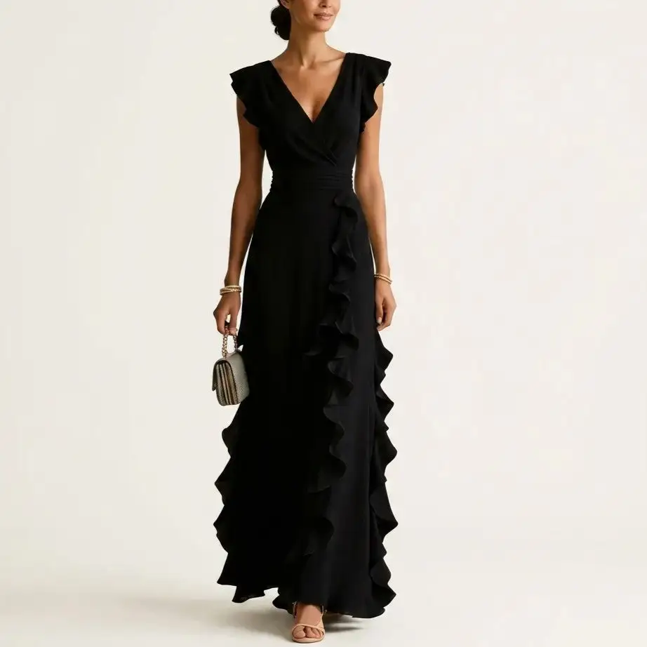 Women's Flutter Sleeve Vertical Ruffle Formal Dress