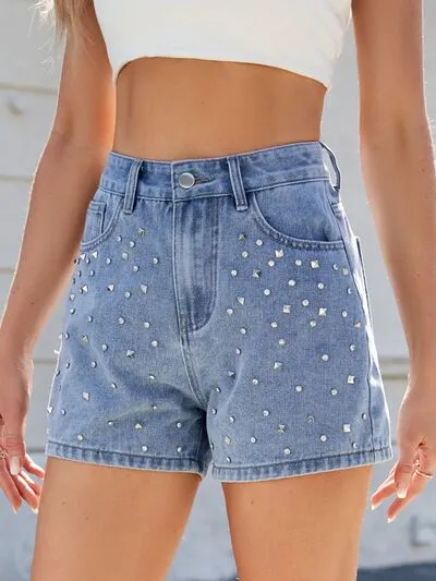 Rhinestone Washed High Waist Shorts Denim Pants
