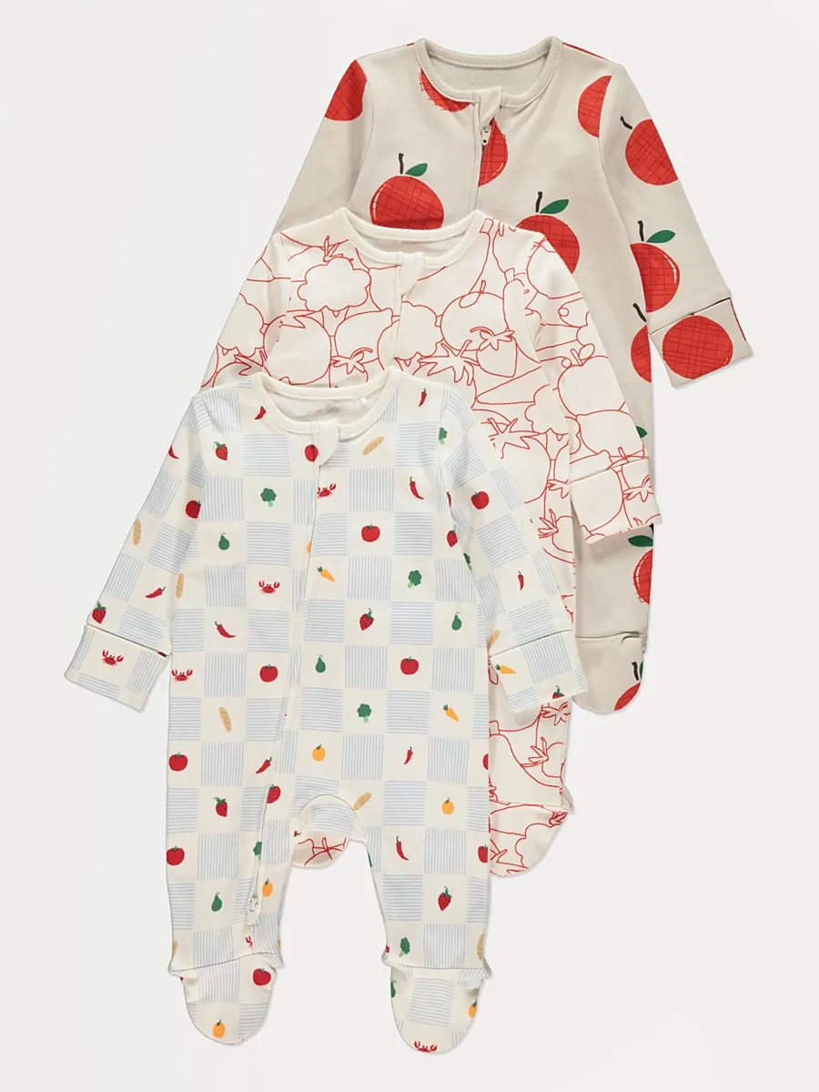 Apple Fruit Zip Fasten Sleepsuits 3 Pack