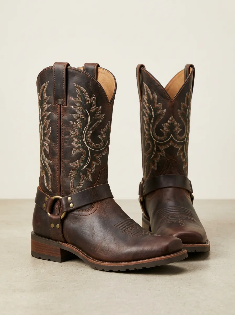 Men's Western Cowboy Embroidered Harness Leather Boots