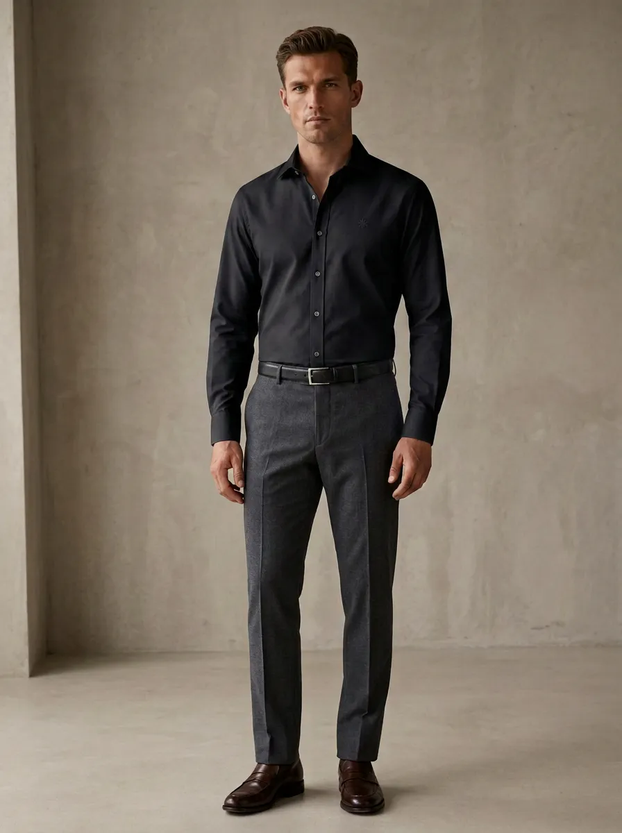 Men's Business Casual Light Blue Non-Iron Cotton Embroidered Shirt