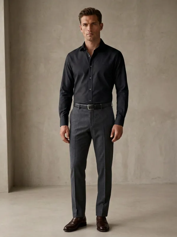 Men's Business Casual Light Blue Non-Iron Cotton Embroidered Shirt