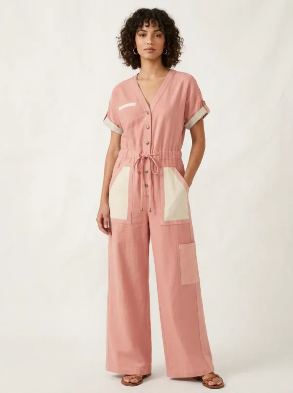 Women's Patchwork Colorblock V-Neck Jumpsuit