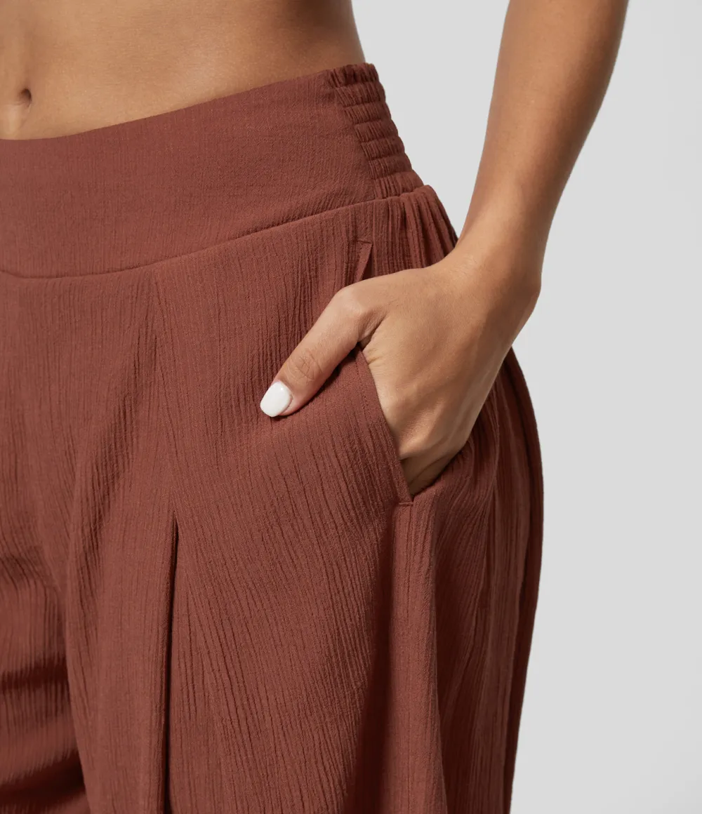 High Waisted Back Elastic Side Pocket Plicated Barrel Leg Casual Joggers