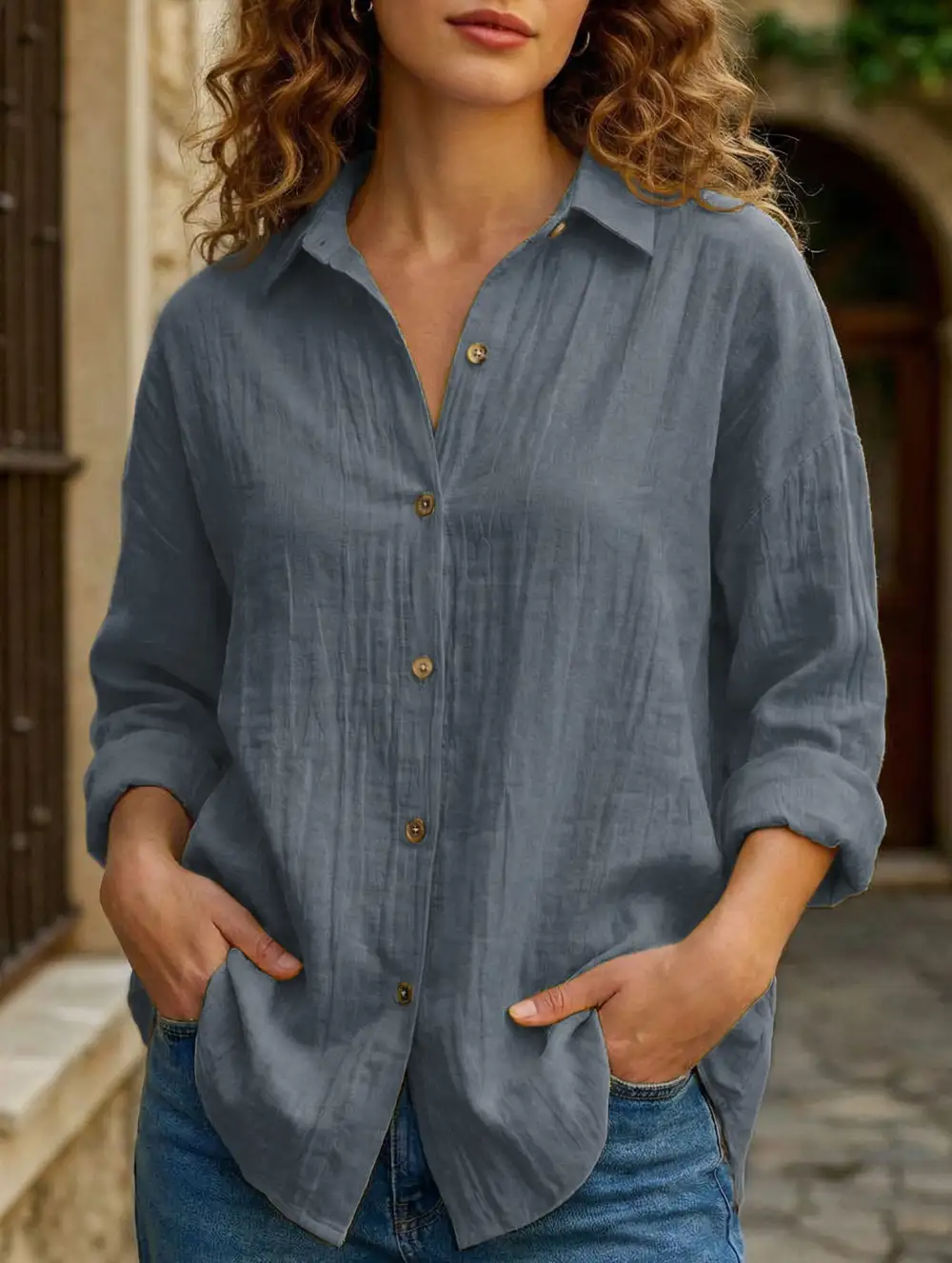 Button Detail Pleated Button-Up Shirt