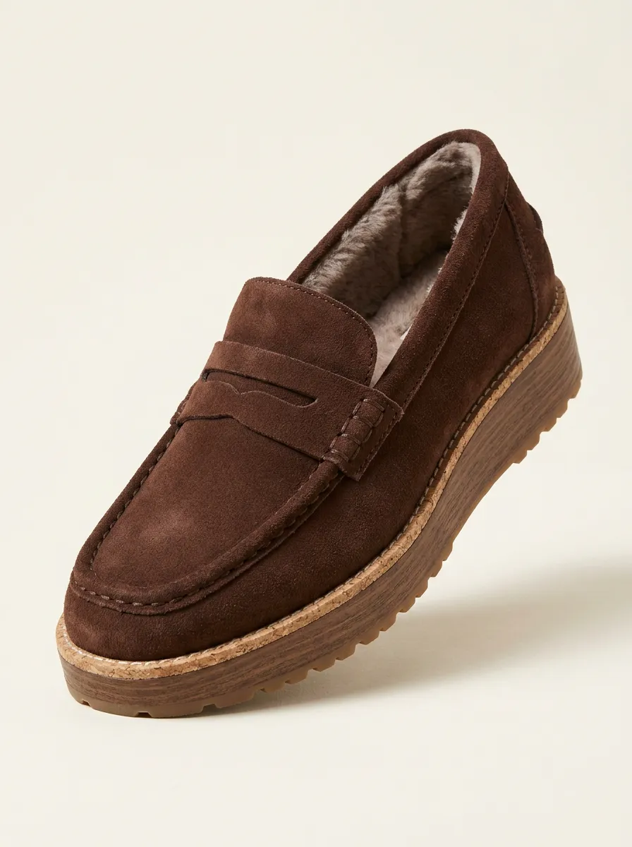 Women's Trail Faux Fur Lined Platform Suede Wood Sole Loafers
