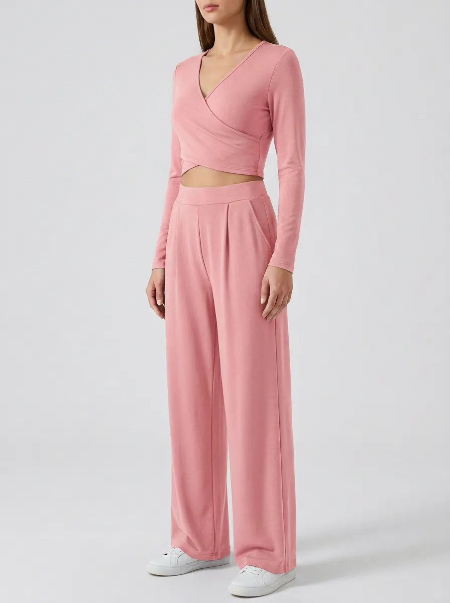 Women's Wrap V-Neck Crop Top and Side-Pocket Wide-Leg Trouser Set