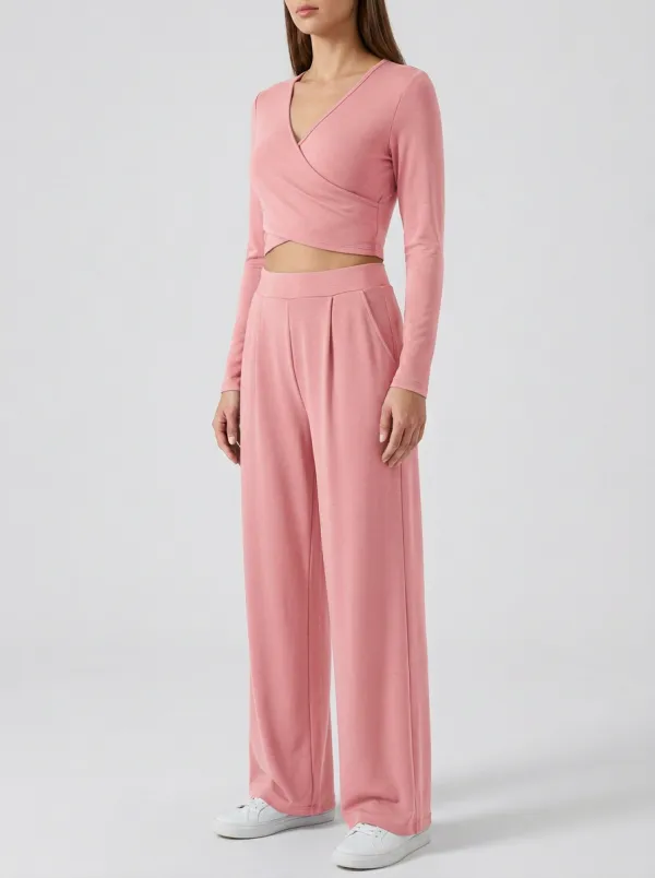 Women's Wrap V-Neck Crop Top and Side-Pocket Wide-Leg Trouser Set