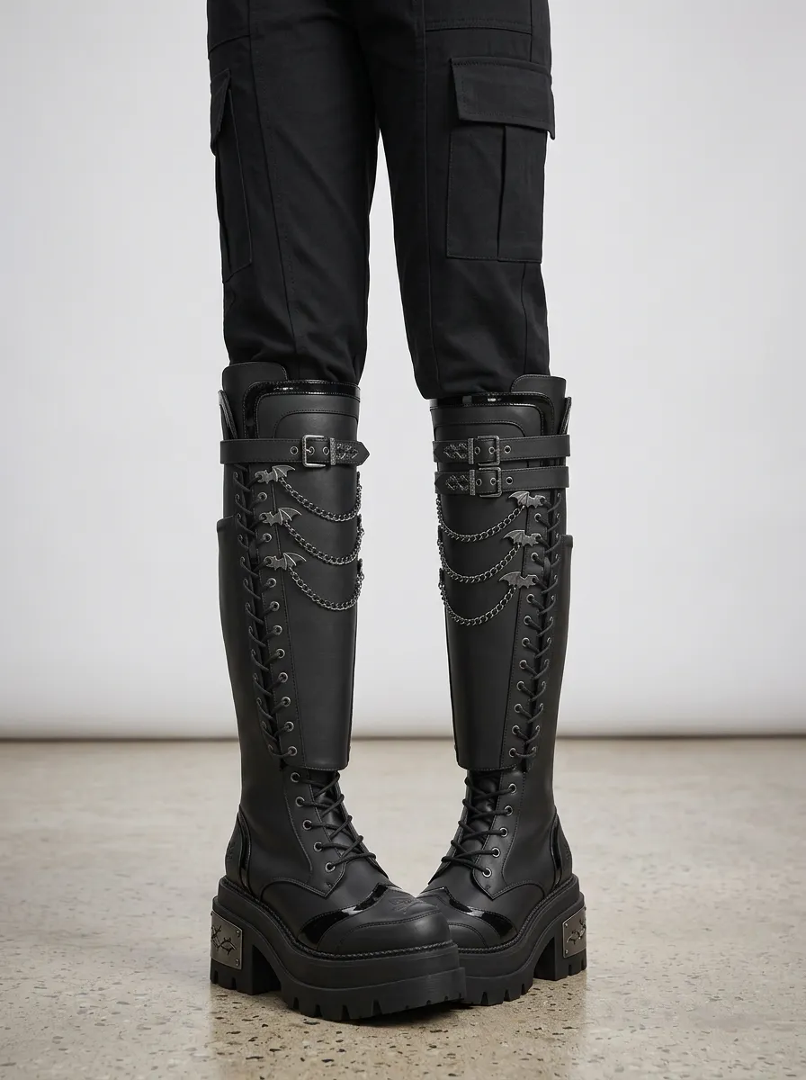 Modern Gothic Bat Lace Lace-Up Design Women's Gothic Platform Knee High Boots