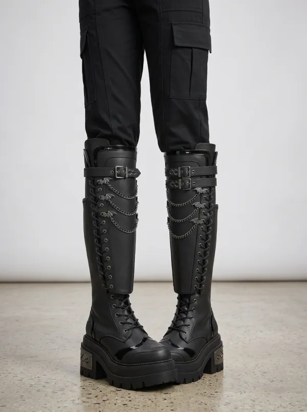 Modern Gothic Bat Lace Lace-Up Design Women's Gothic Platform Knee High Boots