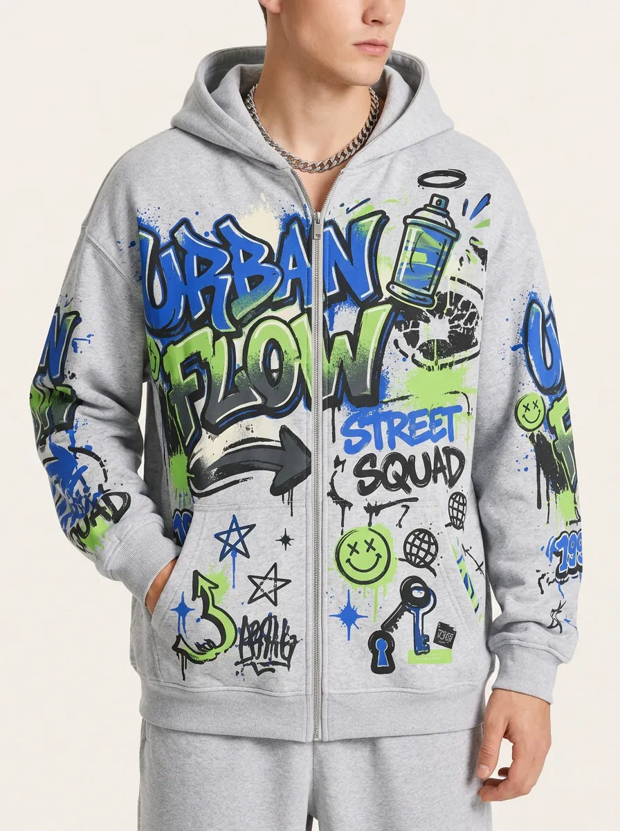 Men's All Over Graphic Print Zip-Up Hoodie