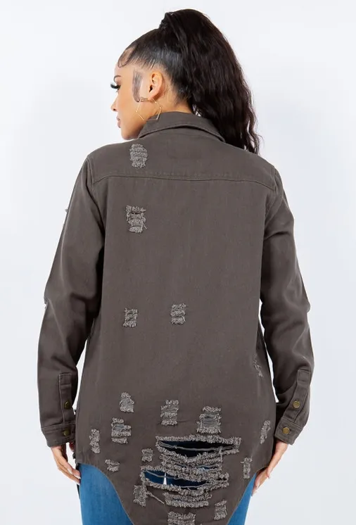 Distressed Button-Up Long-Sleeve Denim Jacket