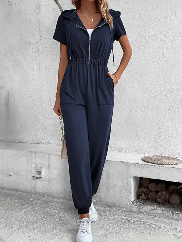 Hooded Zip Loose Cargo Jumpsuit