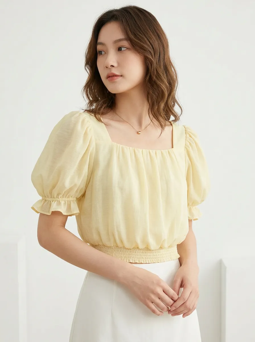 Square-Neck Smocked Women's Puff-Sleeve Blouse