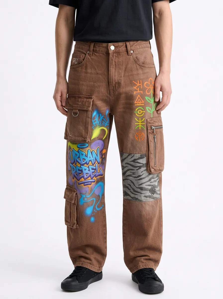 Men's Streetwear Urban Rebel Graffiti Zebra Graphic Cargo Jeans