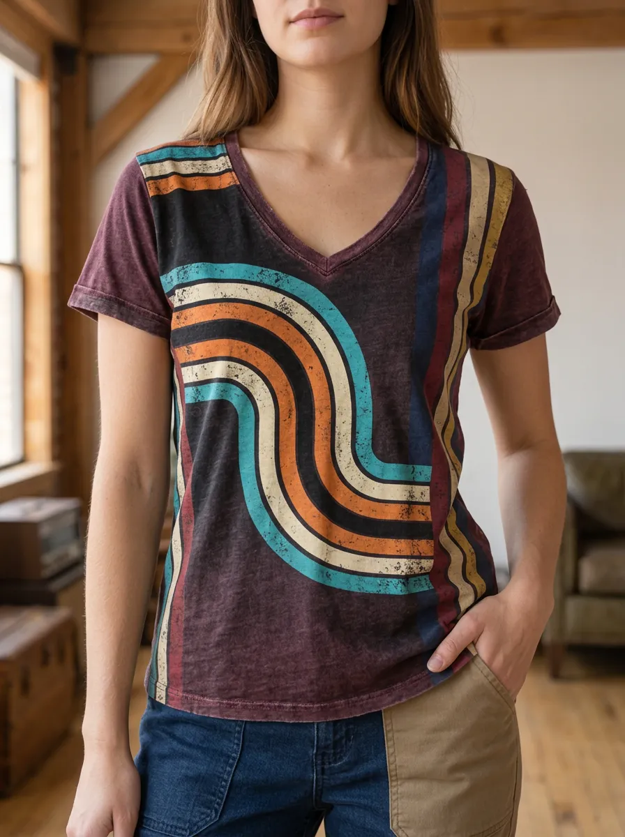 Women's Retro 70s Style Wavy Striped Printed V-Neck T-Shirt