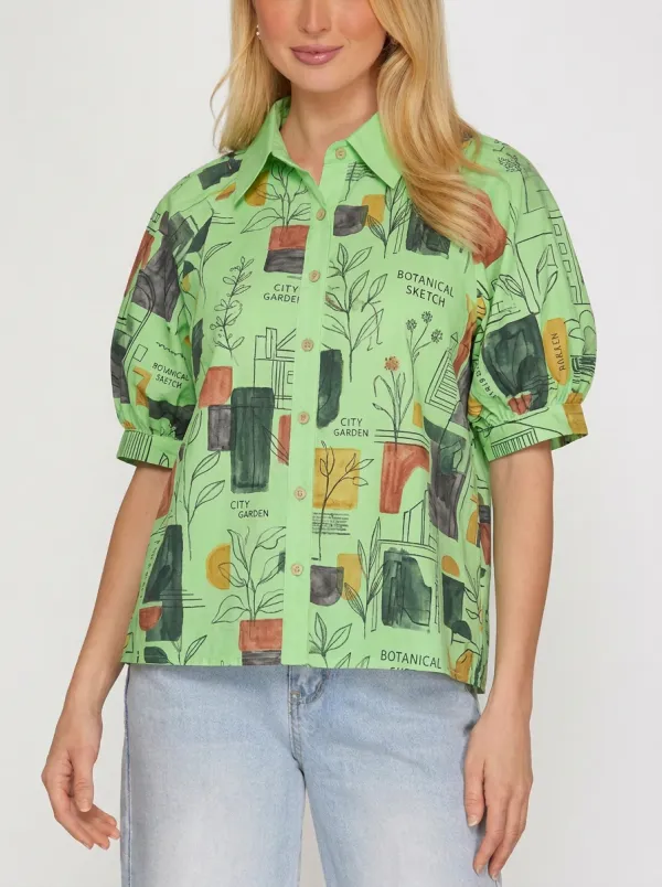 Women's Botanical City Garden Abstract Sketch Printed Shirt