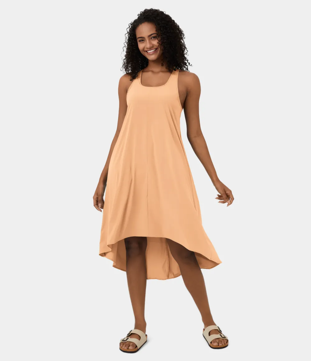 Breezeful Backless Racerback Side Pocket High Low Flowy Midi Quick Dry Casual Dress