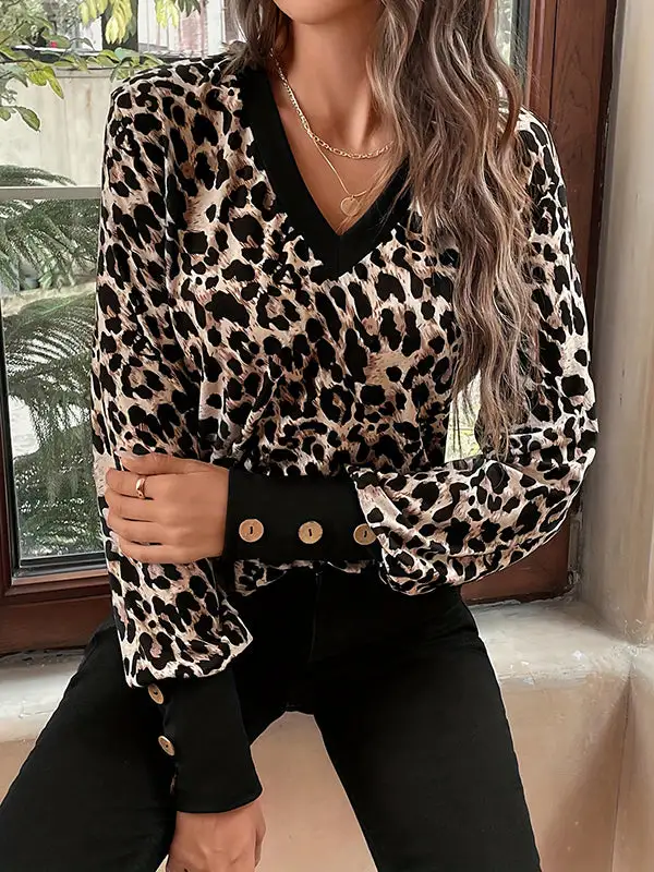 Long Sleeve Relaxed Button Detail Leopard V-Neck T-Shirt