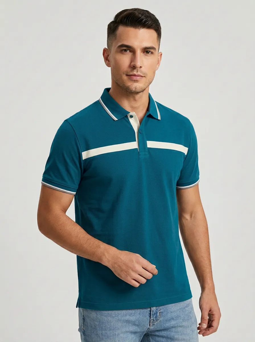 Men's Casual Colorblock Striped Contrast Trim Polo Shirt