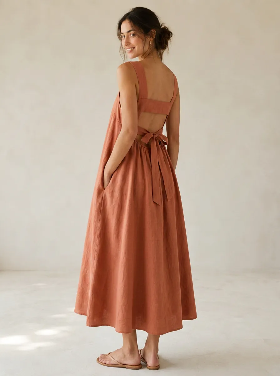 Women's Casual Tie-Back Linen Backless Dress