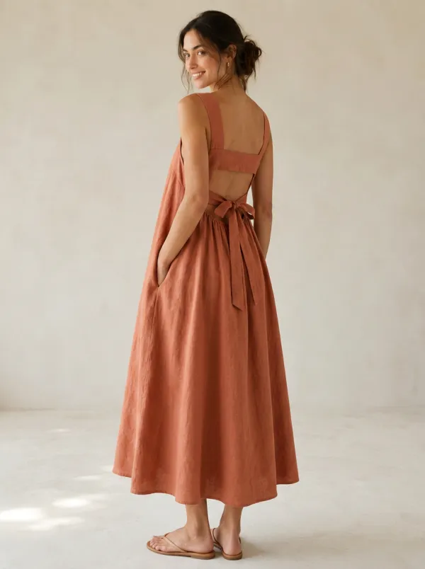 Women's Casual Tie-Back Linen Backless Dress