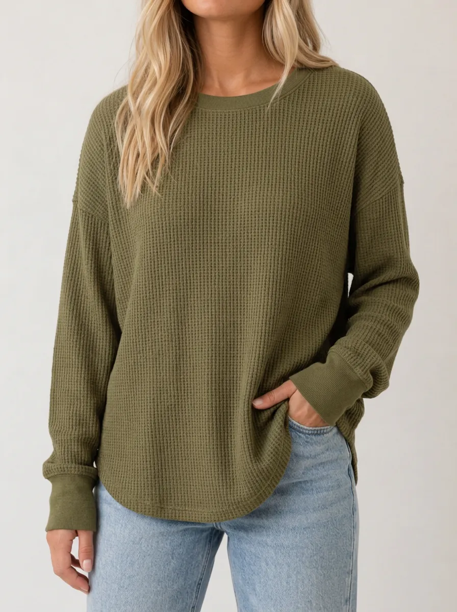 Minimal Everyday Waffle Knit Long Sleeve Crewneck Top