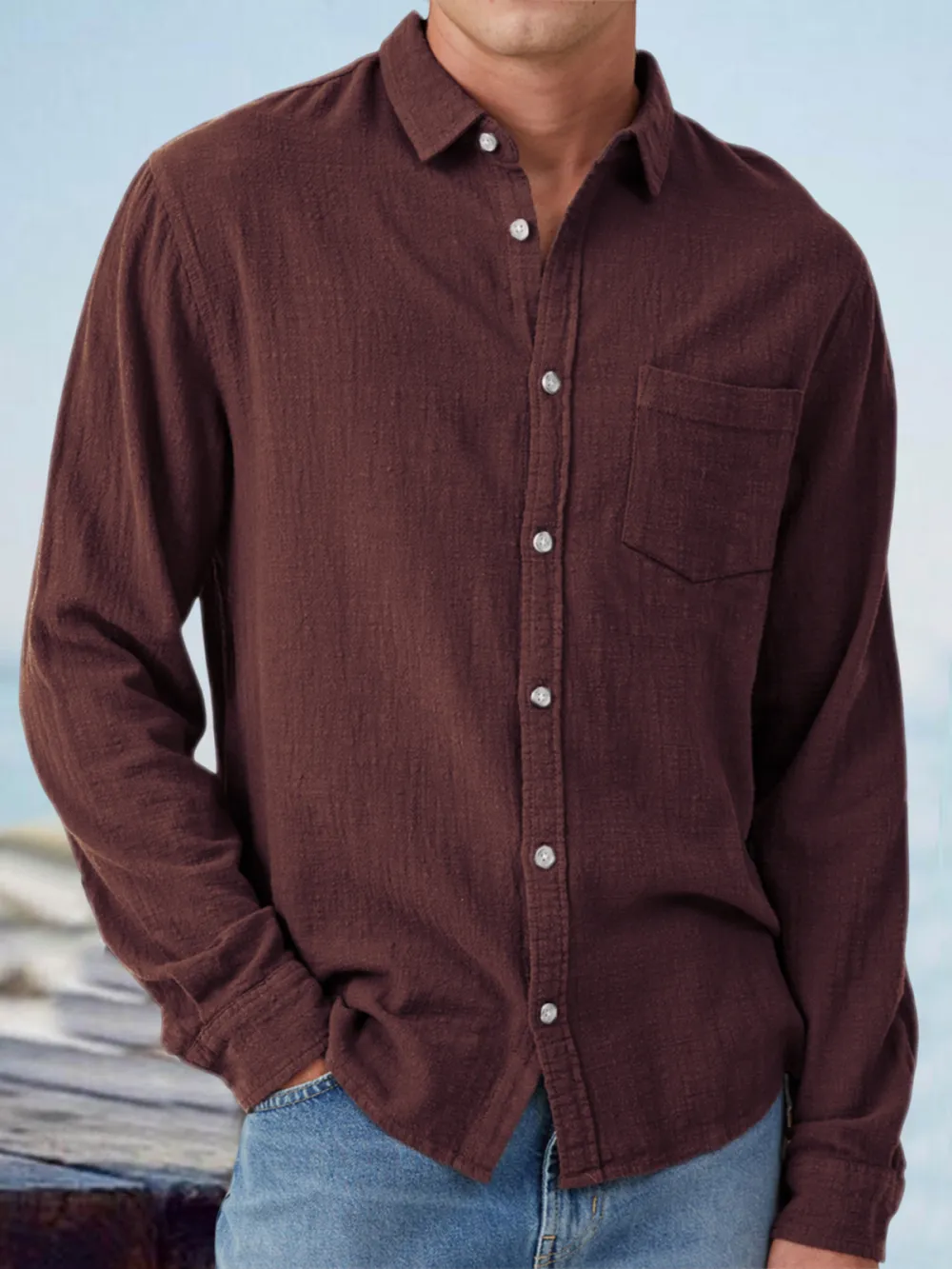 Everyday Long Sleeve Open Collar Pocket Shirt