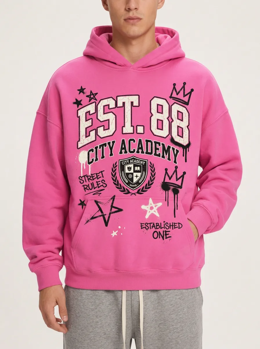 Men's City Academy Est.88 Graffiti Crown Star Printed Hoodie