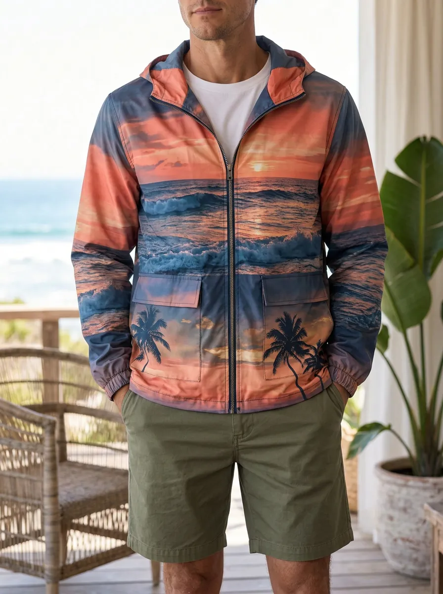 Men's Tropical Beach Sunset Palm Tree Relaxed Outlook Jacket