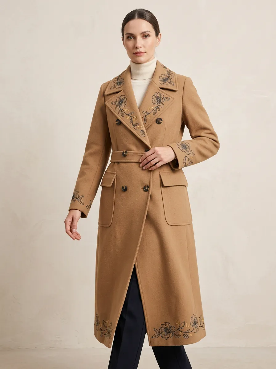 Women's Willow Floral Embroidered Camel Coat