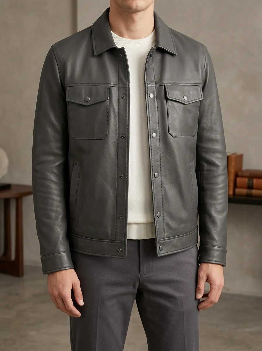 Point Collar Chest Flap Pockets Leather Look Jacket