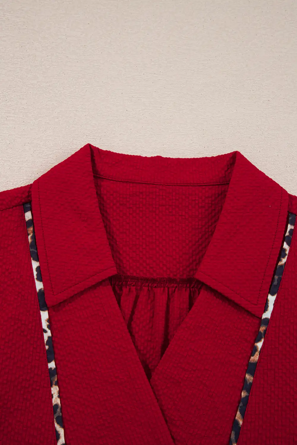 Fiery Red Collar V Neck Leopard Contrasted Trim Textured Blouse