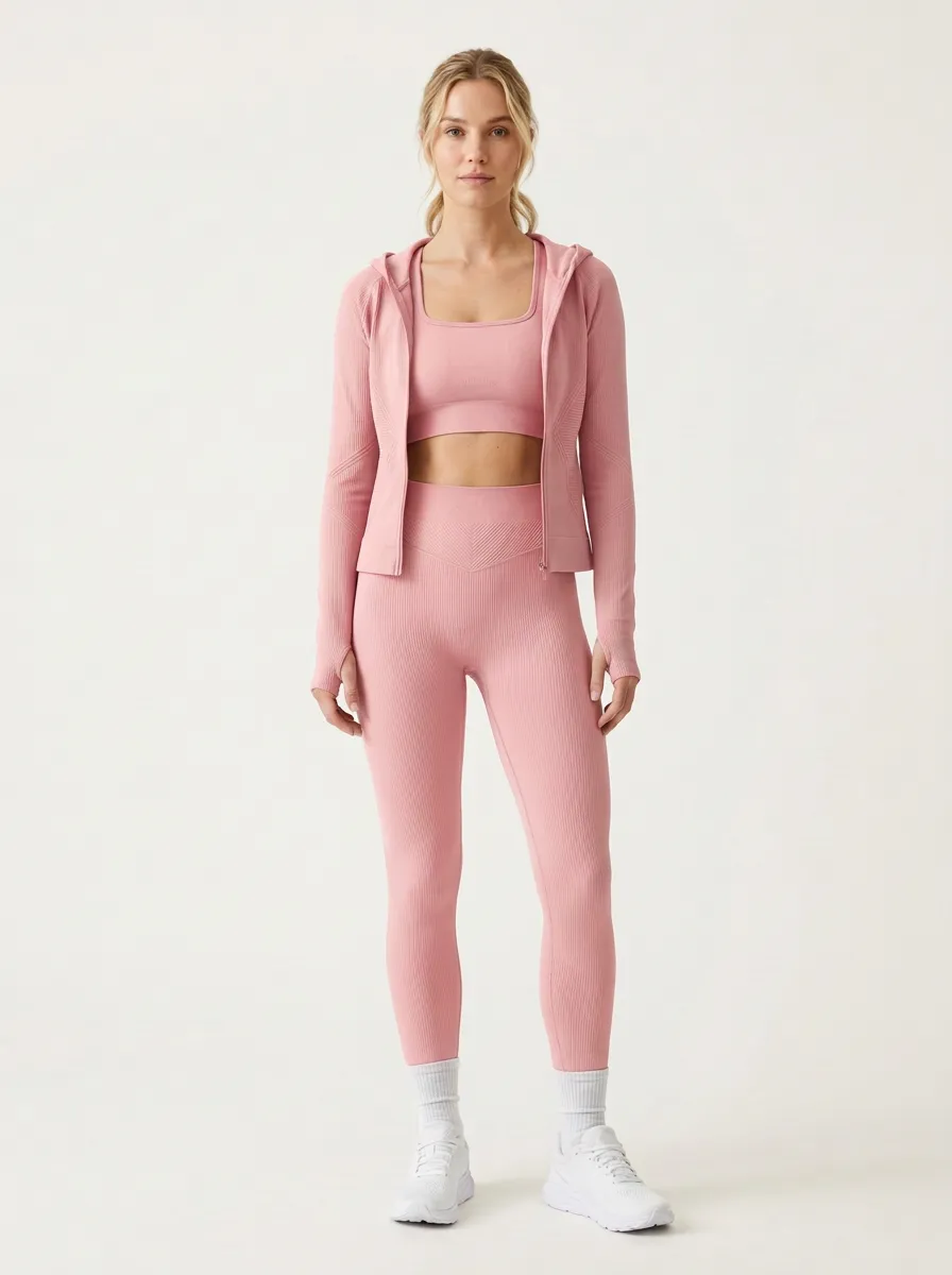 Utility Ribbed Texture Seamless Design Essential Women's Three Piece Activewear Set