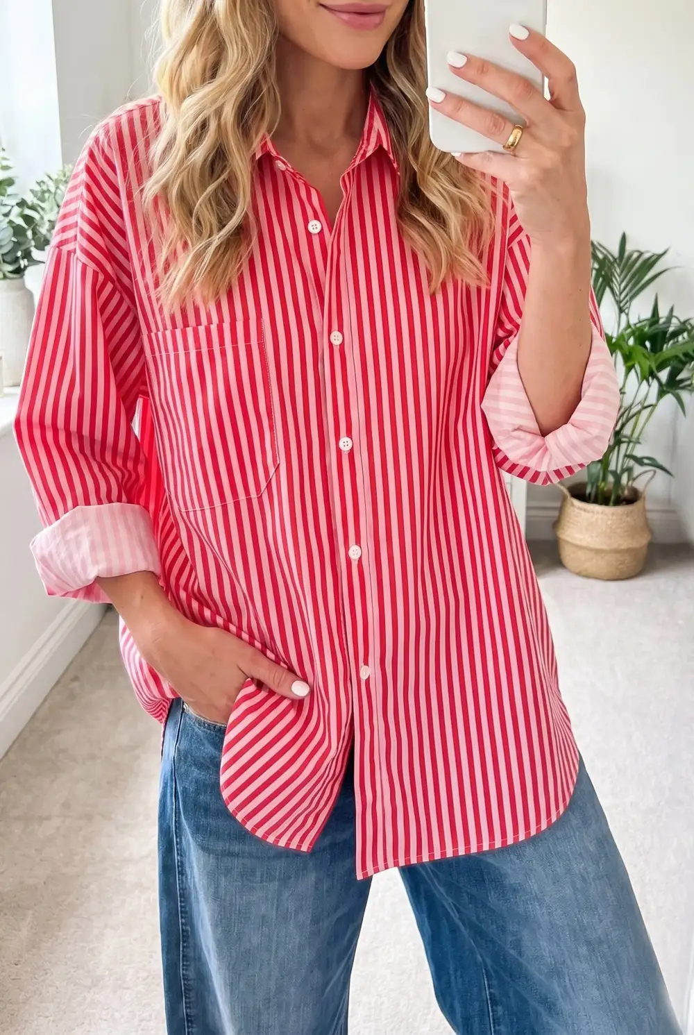 Women's Striped Long Sleeve Patch Pocket Blouse