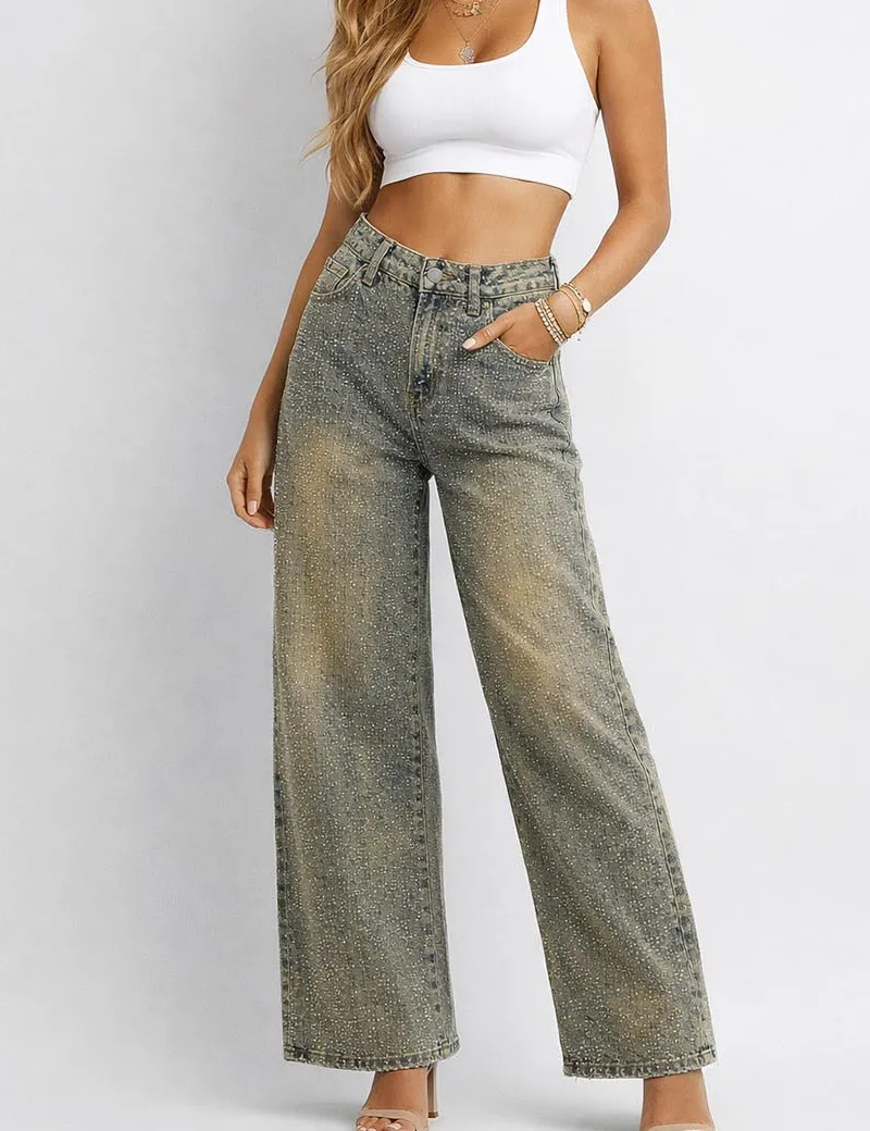 Sparkle Rhinestone Straight Wide Leg Denim Pants