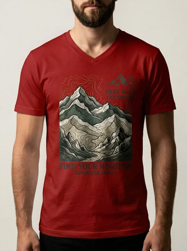 Men's Outdoor Adventure Mountain Compass Printed V-neck T-shirt
