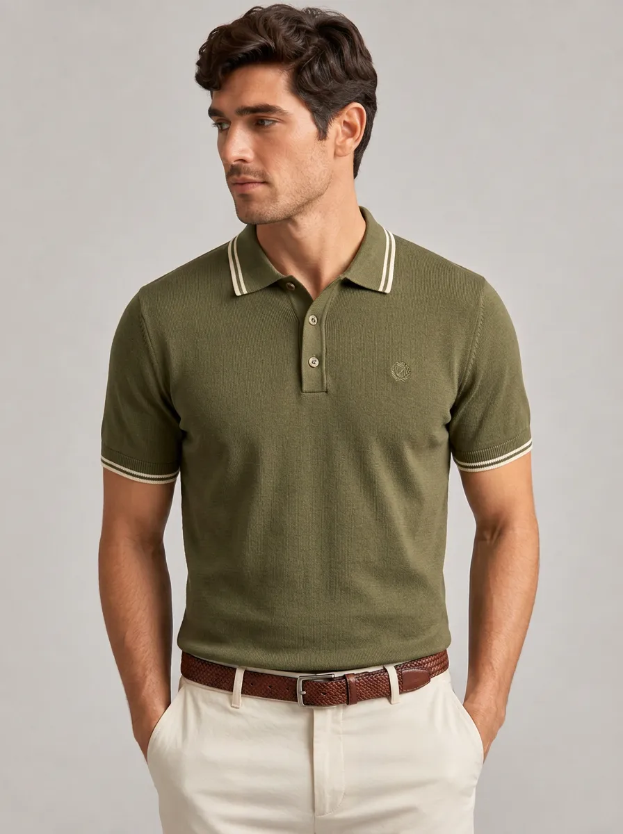 Men's Equestrian Lover Horse Emblem Embroidered Tipped Knit Polo Shirt