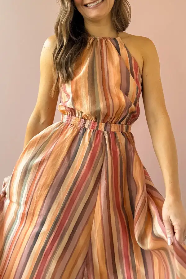 Orange Striped Halter Neck Maxi Dress