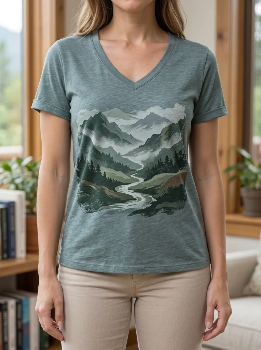 Women's Scenic Nature Lover Mountain River Landscape V-Neck T-Shirt