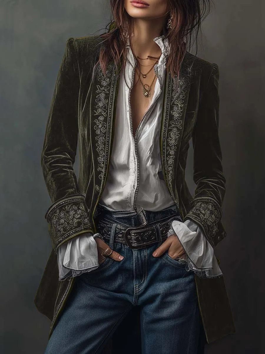 Open-Front Lapel-Collar Velvet Vintage-Inspired Tailored Jacket