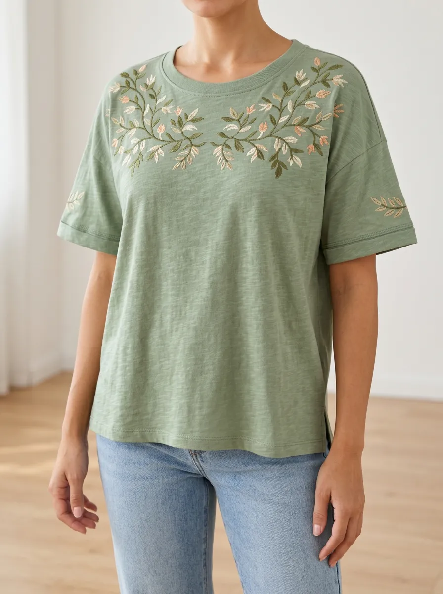 Women's Short Sleeve Jersey Tee with Floral Print Embroidered Detail Detail