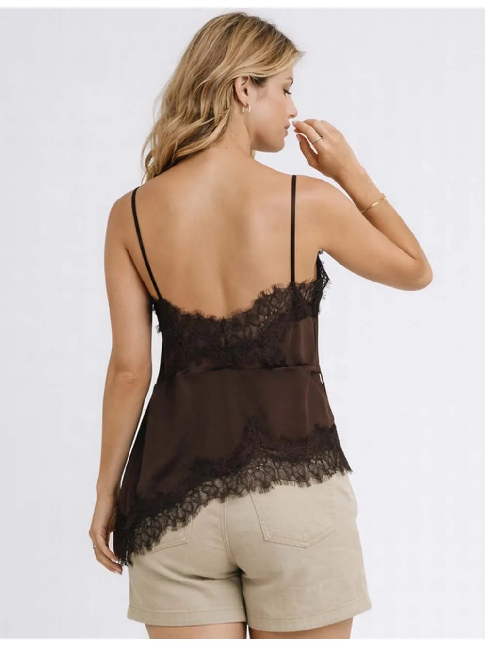 Satin Lace Trim V Neck Irregular Hem Cami Top