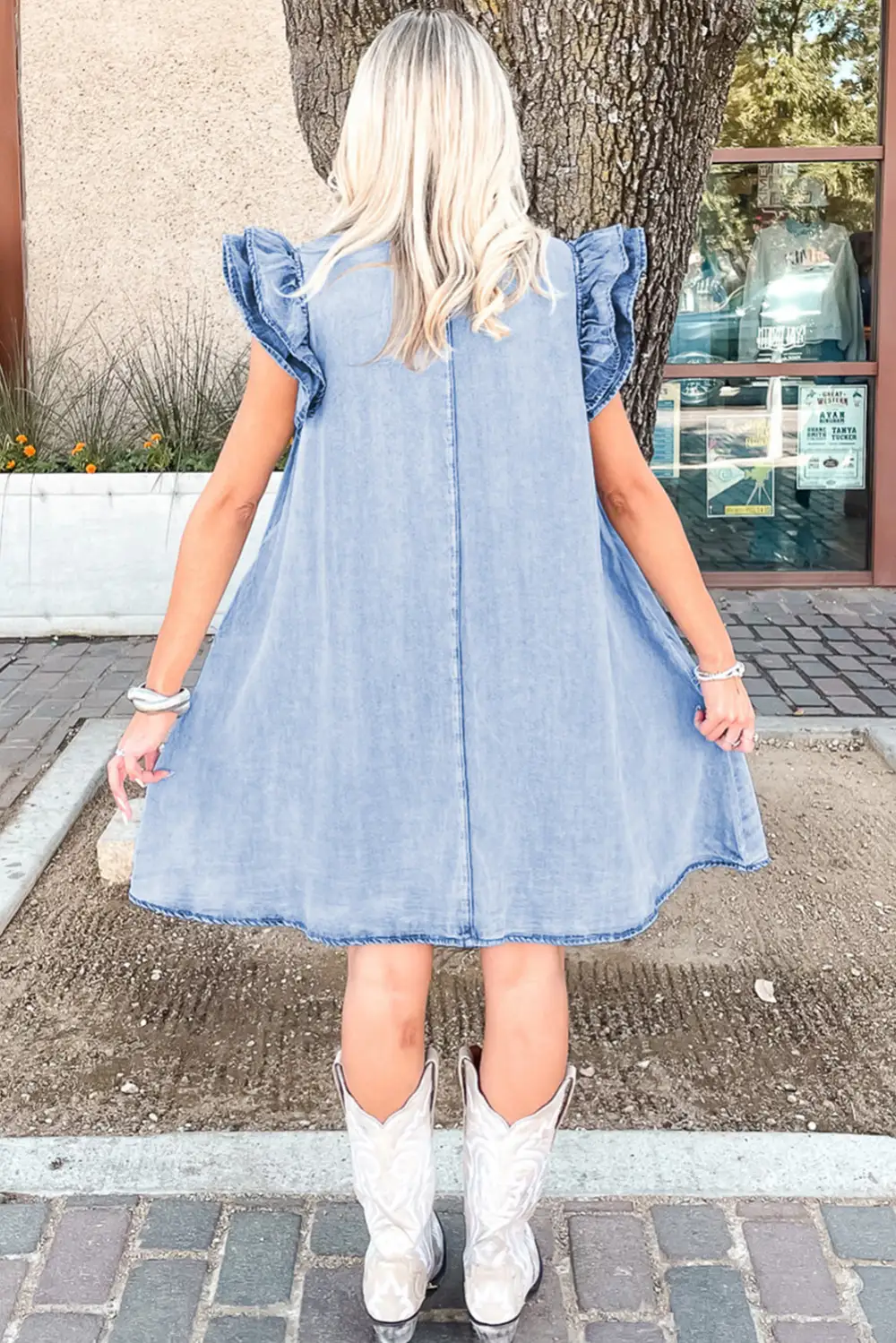 Softly Styled Denim Look Ruffle Trim Button Front Mini Dress