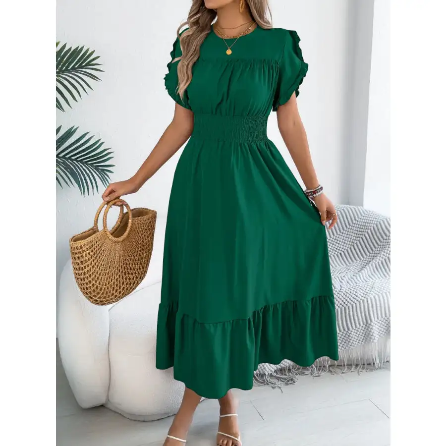 Smocked Frill Round Neck Midi Dress