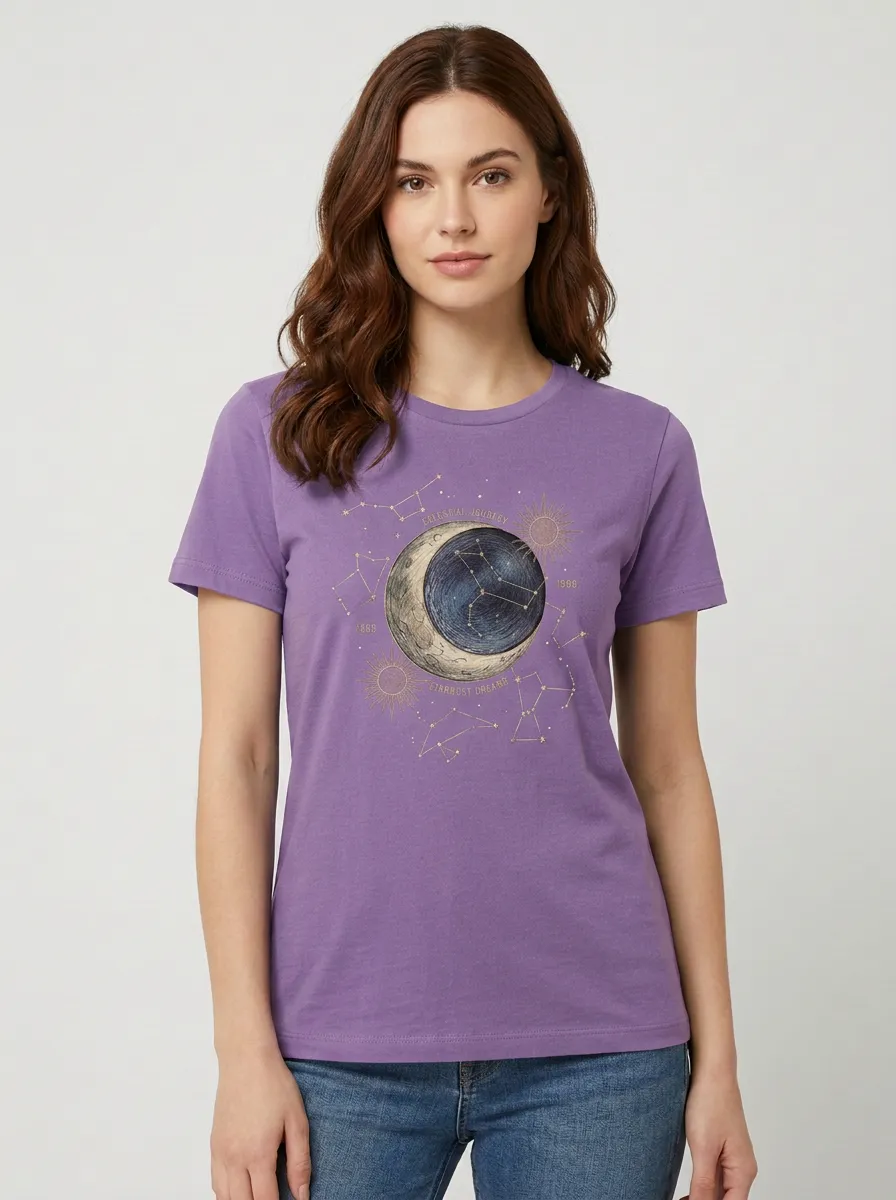 Women's Celestial Journey Moon Constellation Printed T-shirt
