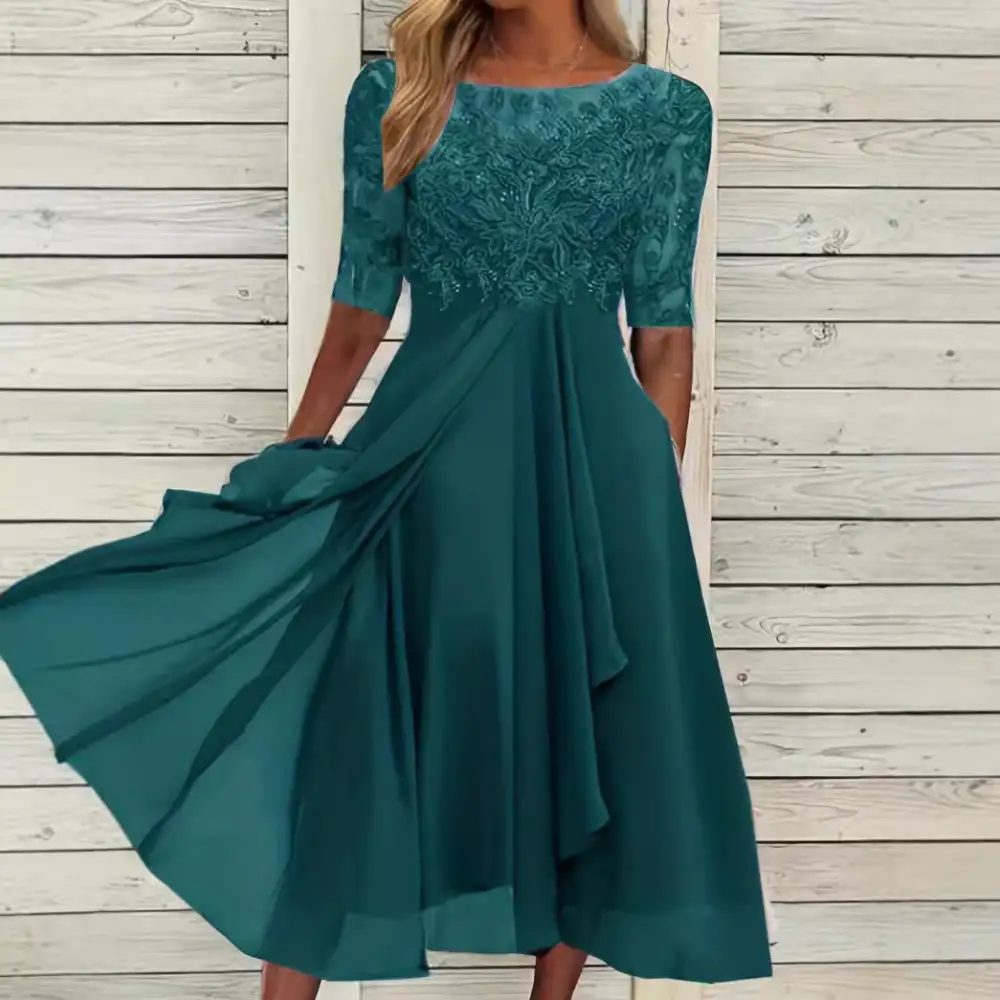 Women's A-Line Three-Quarter-Sleeve Lace Floral Midi Dress